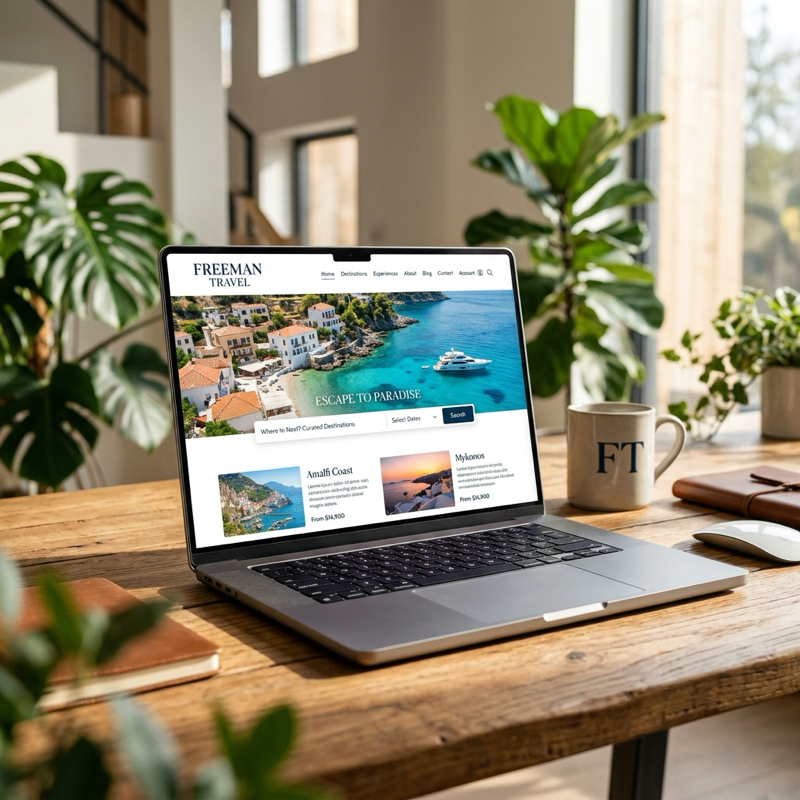 Sitio web oficial de Freeman Travel mostrando paquetes de viajes y destinos internacionales en una laptop