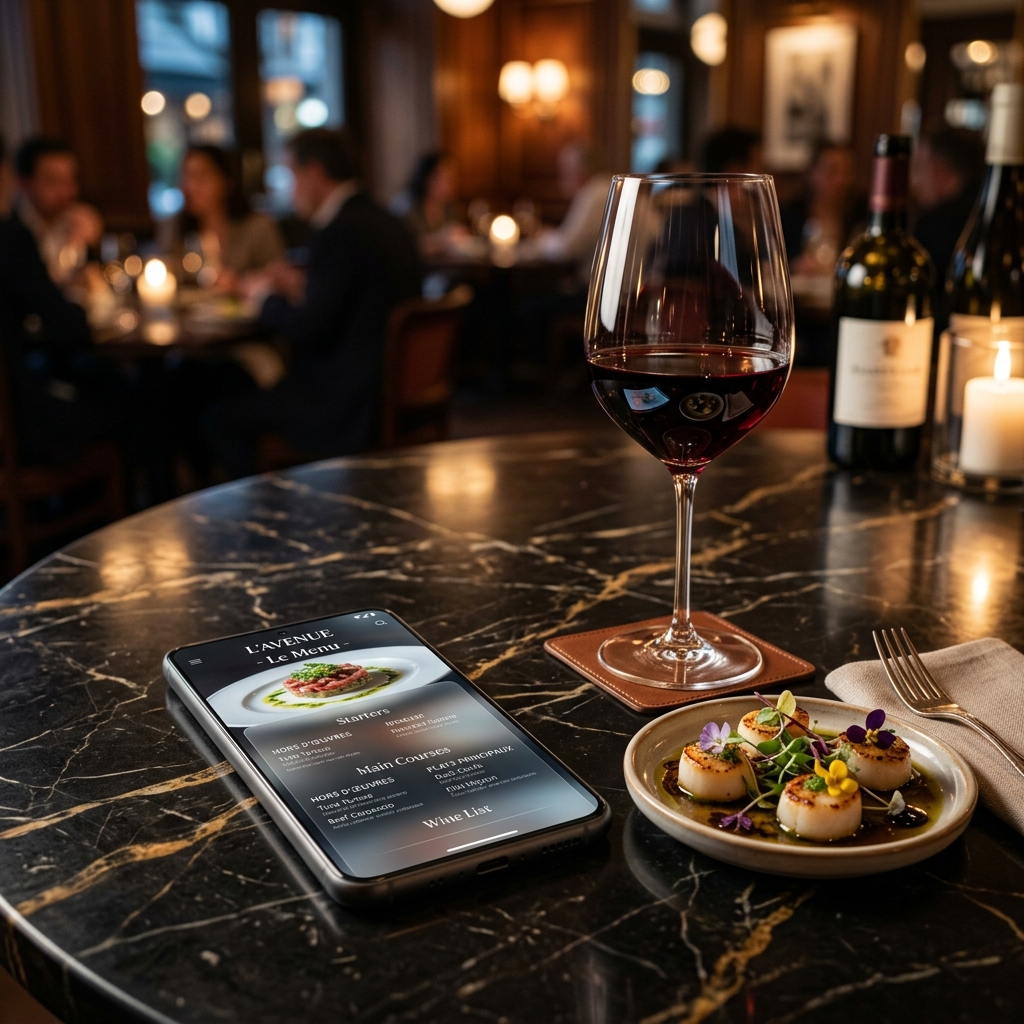 Menú digital interactivo de Sura Restaurant mostrado en un smartphone sobre mesa de mármol