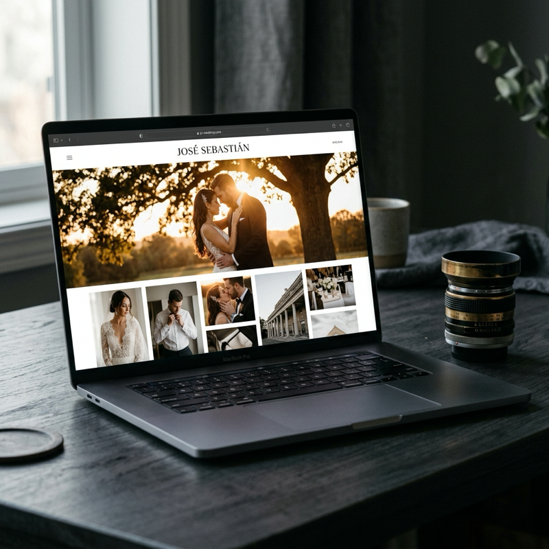 Portafolio web de fotografía de bodas José Sebastián mostrado en una pantalla de estudio